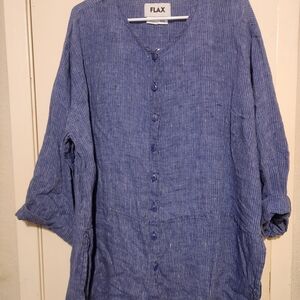 Flax Blue/white Stripes, Long Sleeves Linen Button-Up Shirt. (L) B: 52"